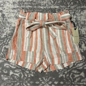 BanJara Orange and Mint Linen Blend Paperbag Tie Waist Striped Shorts NWT XS